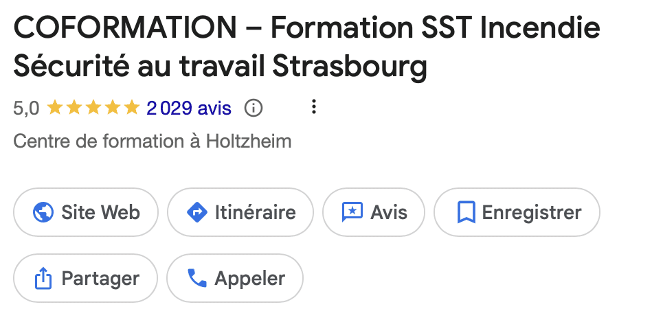 Avis Google 5 étoiles COFORMATION sur les journées sécurité au travail en Alsace avec ateliers pratiques et immersifs en entreprise